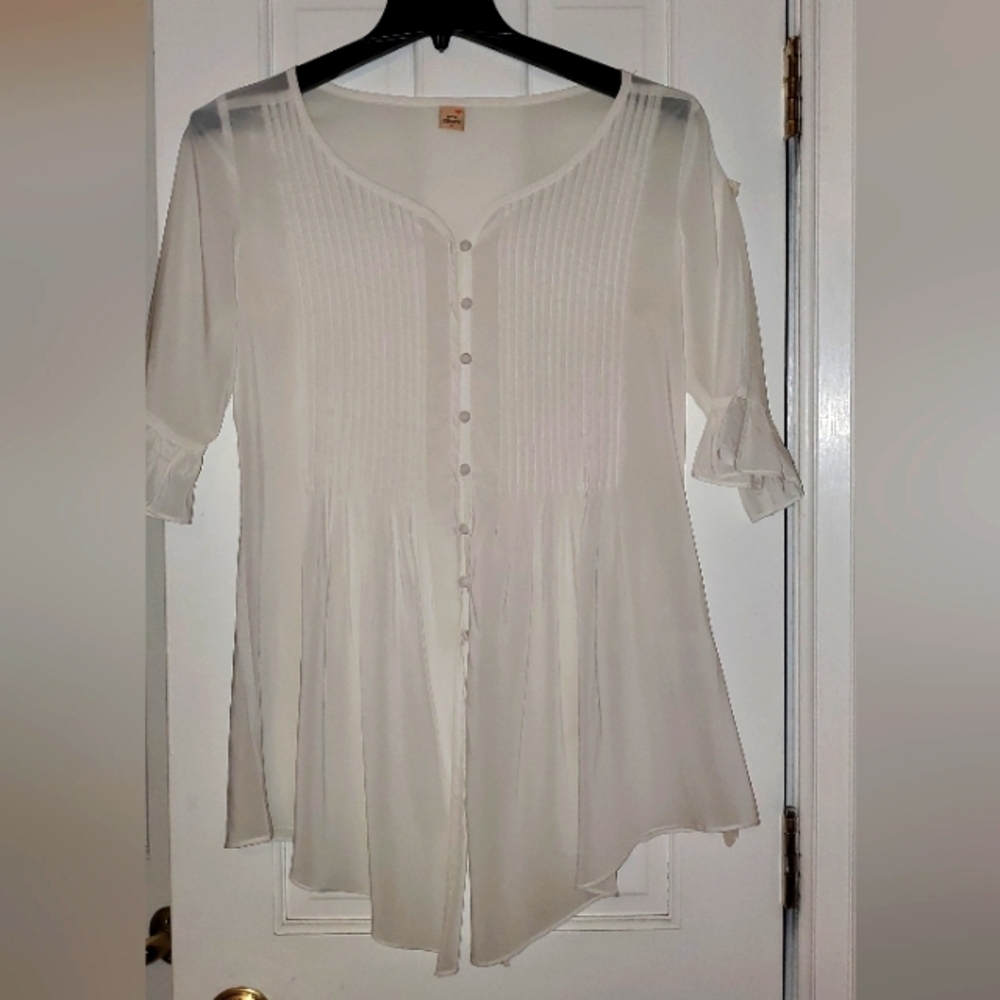 ZIMPY Womens V-Neck Pleated Buttoned Short floral Sleeve Blouse White Size P